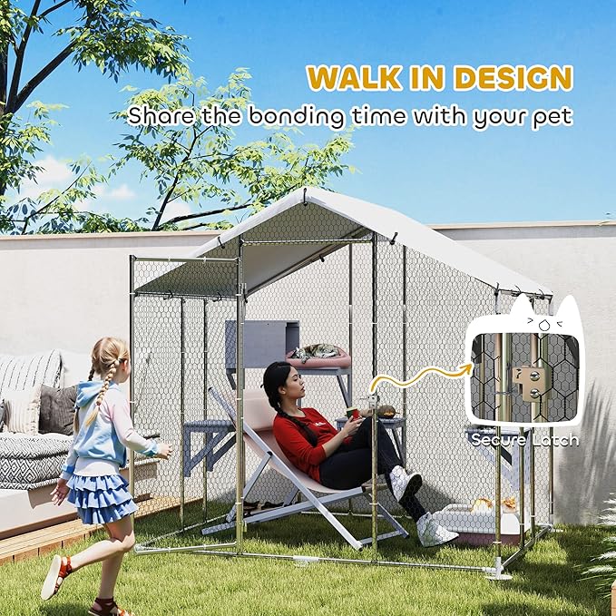 PawHut Catio Outdoor Cat Enclosure, 94.5" Extra Large Walk-in Cat House with Waterproof Cover, 2 Resting Boxes, 7 Jumping Platforms, Chicken Run Coop, Rabbit Hutch, Feral Cat Shelter Pointed Roof