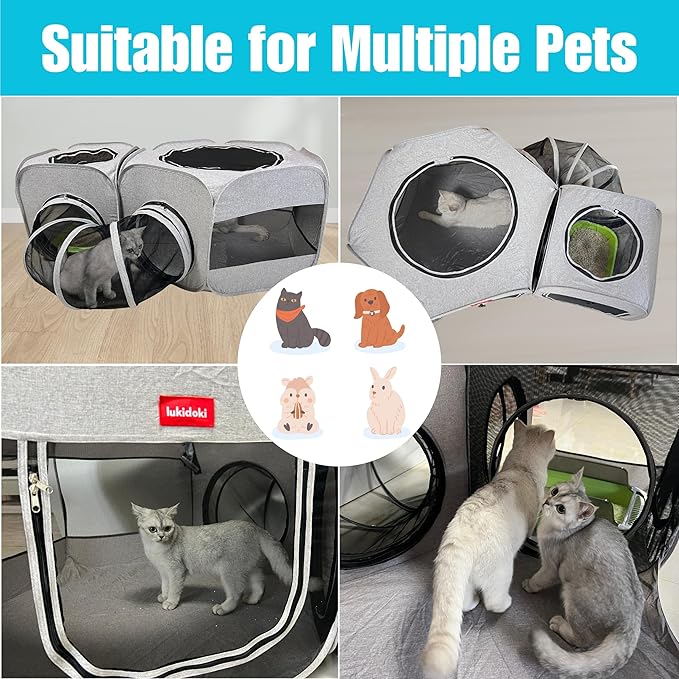 Portable Dog Playpen 2-Room with Tunnel, 3-in-1 Large Cat Crate Play Enclosure with Separate Areas, Foldable Pet Playpen for Puppy Kitten and Small Animals Indoor Outdoor