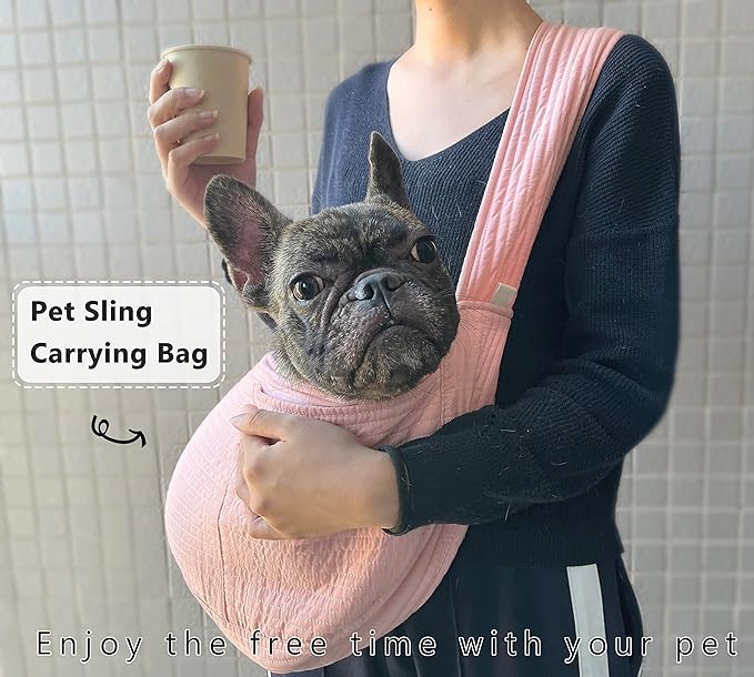 NATUYA Small Dog Carrier Sling Dog Sling Carrier for Small Dogs Puppies Cats, Big Pouch Safety Leash Pet Sling Carrier for Walking Outdoor Travel (Pink, Canvas)