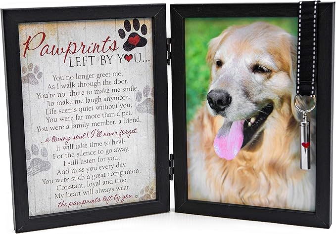 Pawprints Pet Memorial Frame with Pawprints Left by You Poem - Touching Dog Sympathy Gift for Pet Loss Remembrance (Frame With Ash Vial)