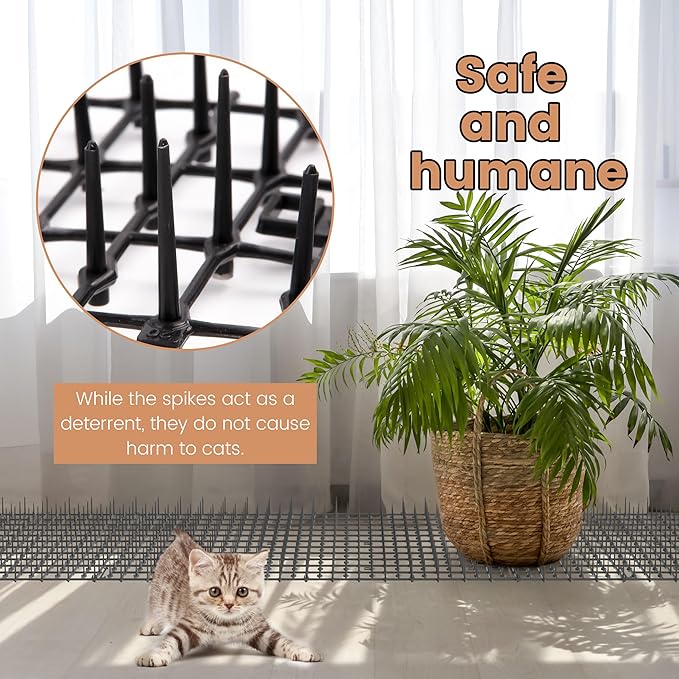Hmyomina 16.4FT Scat Mat for Cats with 8 Garden Staples, Cat Scat Mat with Spikes Outdoor Plant & Furniture Protector(2PCS, 8.2FT Each)