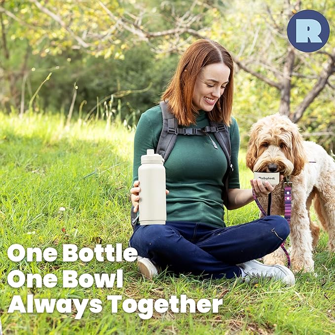 Dog Water Bottle for Dog Lovers - 32 oz Stainless Steel Double Wall Insulated Water Bottle with 8 oz Detachable Bowl on Bottom for Doggy Lovers for Hiking, Walks, Travel - Cream