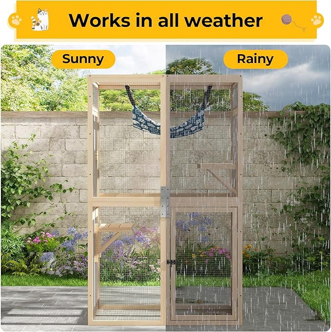 Catio Outdoor Cat Enclosure - Premium Wooden Cat Catio with Window Access & Breathable Mesh, Weatherproof Kitty House for Patio/Backyard/Indoor (Wood)