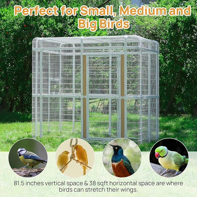 Large Walk-in Cage 87-inch Heavy Duty Bird Cage Outdoor Carbon Crystal Board Aviary Parrot Cage Wide Flight Metal Birdcage for Macaw Budgie Conure Lovebird Parakeet Cockatiel, 7.22x5.25x6.8ft, White