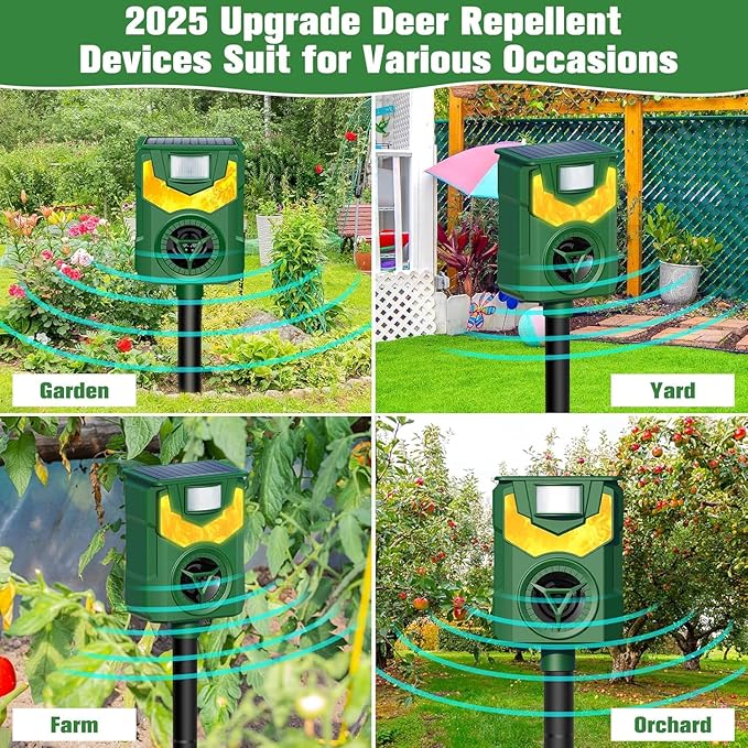 Solar Animal Repeller Outdoor,2025 Upgrade Ultrasonic Animal Repeller,Cat Repellent Outdoor,Squirrel Repellent with Motion Sensor & Flame Light,Waterproof Raccoon Repellent Devices,Repel,Deer,Rabbit