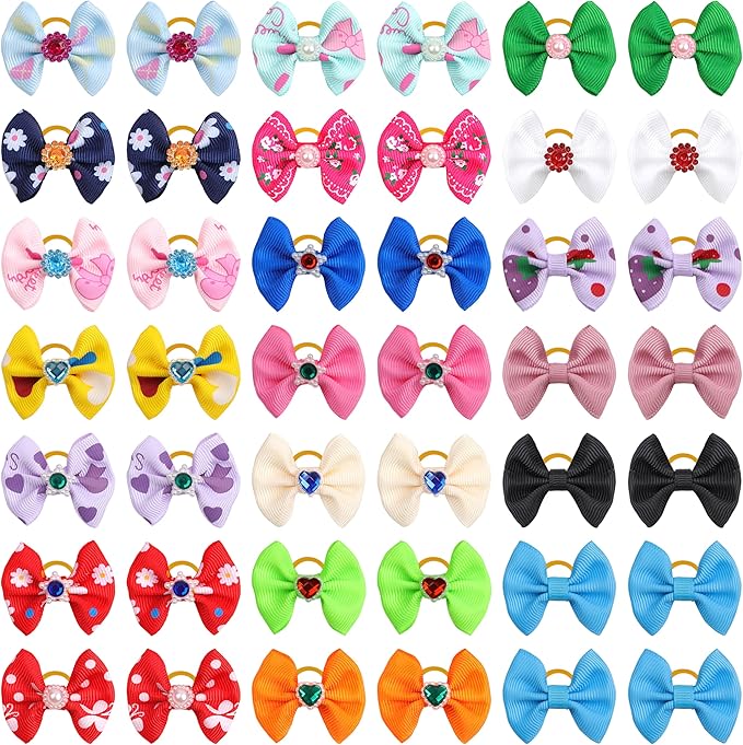 40PCS Christmas Dog Bows Cute Puppy Dog Small Bowknot Hair Bows with Rubber Bands Small Hairs Bowknot Pet Hair Accessories Pet Grooming Accessories for Party (Mixcolors with Gemstone)