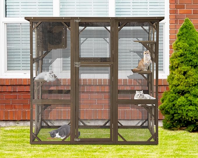 Grepatio Cat Enclosure Large Outdoor Catio Wooden Cat House with Weatherproof, Cat Cage Condo Indoor Playpen with Platform and Small House (Brown)