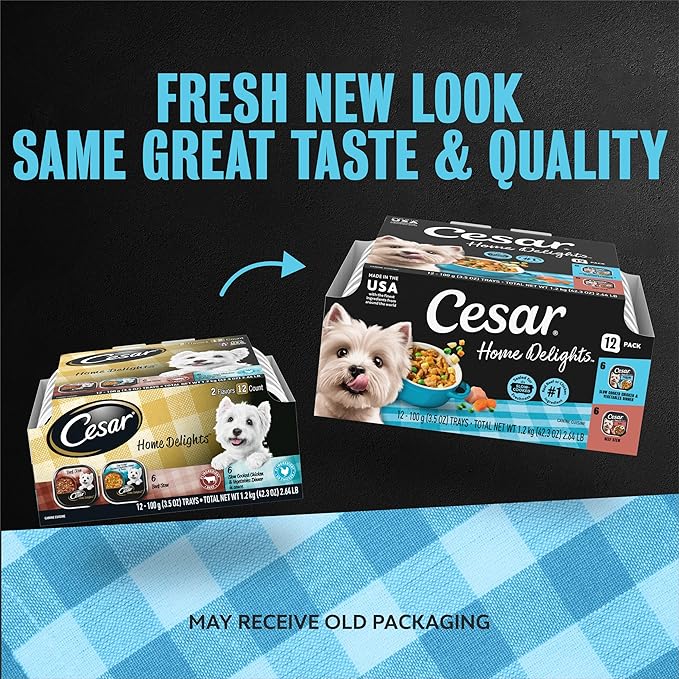 Cesar Home Delights Adult Wet Dog Food, Slow Cooked Chicken & Vegetables Dinner in Sauce and Beef Stew Variety Pack, 3.5 oz. Easy Peel Dog Food Tray, 12 Count (Pack of 2)