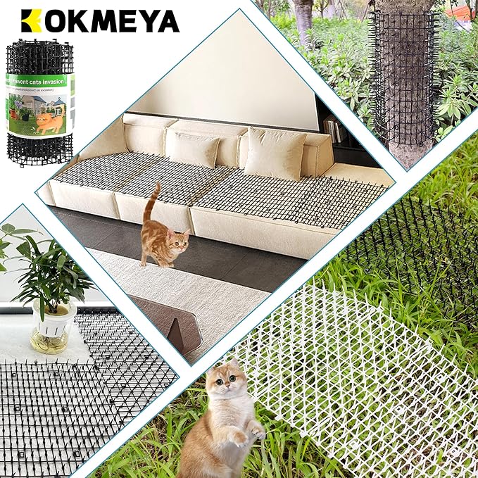 Pet Repellent Mat, White, 6.5 feet with 8 Ground Stakes 8 Zip Tie, Cat Repellent Mat with Gentle Spikes for Garden/Backyard, Dog and Raccoon Deterrent Mat, 78.74 inches x 11 inches.