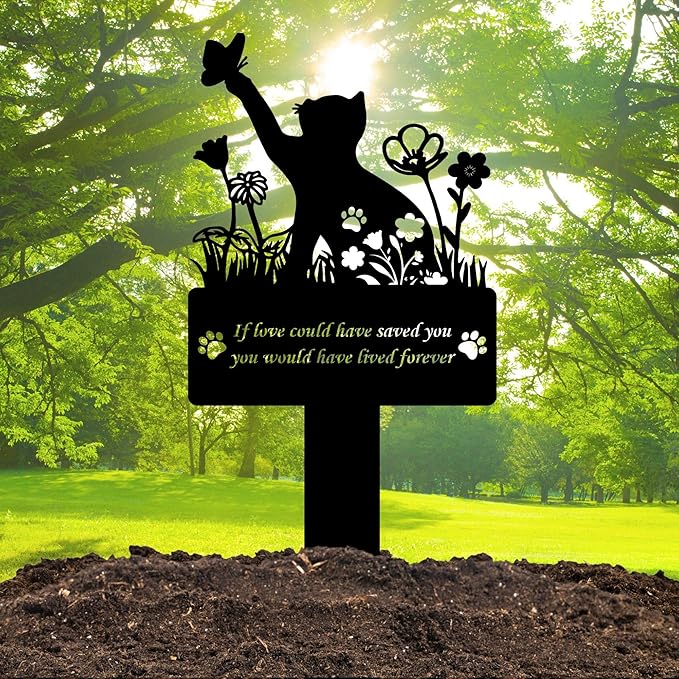 If Love Could Saved You Cat Grave Marker – 12in Metal Pet Memorial Plaque with Butterfly Design, Weatherproof Cat Headstone for Indoor or Garden Remembrance, Sympathy Gift for Loss of Pet