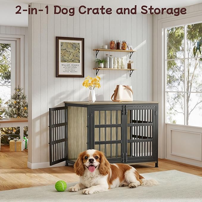 33'' Dog Crate Furniture Large Breed Dog Crate Dog Kennels for Inside Wooden Dog Crates End Table Heavy Duty Indoor Combination Cage for Medium to Large Dogs Maple