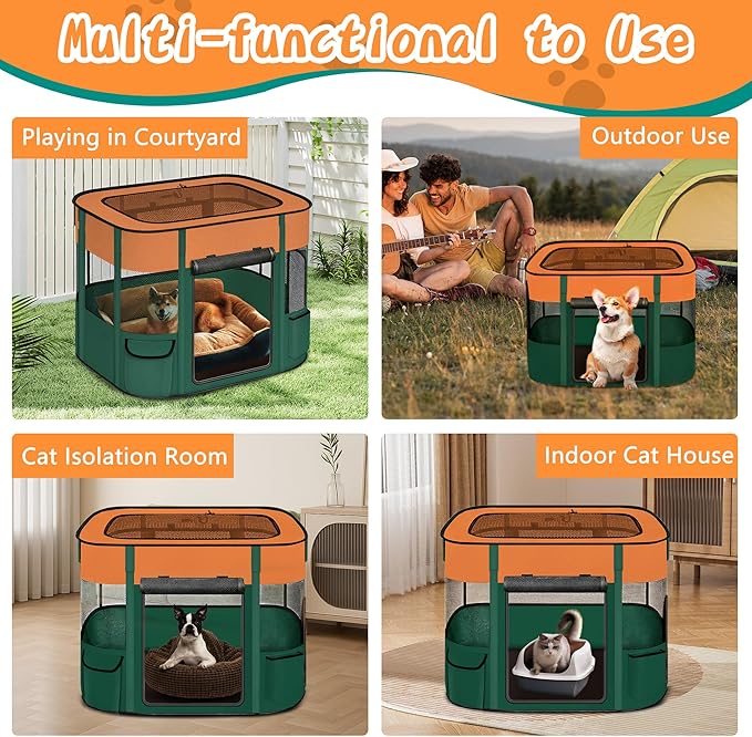 Portable Cat Playpen with Separate Areas, 2-in-1 Puppy Playpen & Cats Cage, Foldable Pet Tent for Indoor and Outdoor Use, Collapsible Tent Kennel Cage House(35.4"x27.6"x27.6", Orange & Green)