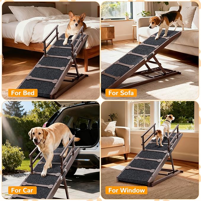 COSIEST Dog ramp for Bed, Wooden Pet Ramp Folding Portable for Couch and Bed, 64.5 Inch Long and Height Adjustable Dog ramp with Anti-Slip Grip & Safety Rails, Up to 200lbs, Brown