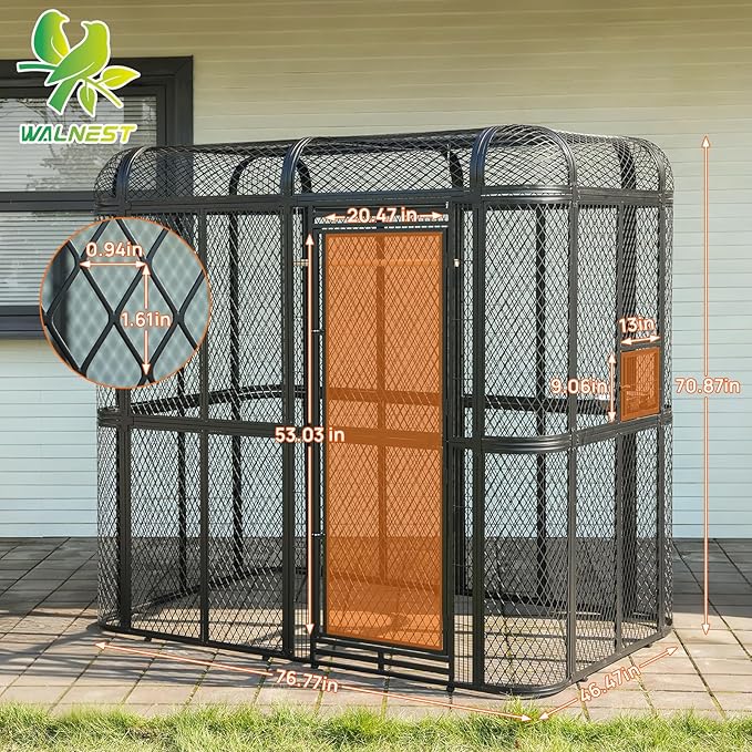 77-Inch Large Walk-in Birdcage Heavy Duty Outdoor Aviary – Rustproof Carbon Steel Flight Cage for Macaw, Budgie, Conure, Lovebird, Parakeet, Cockatiel (Black, 77 inch)