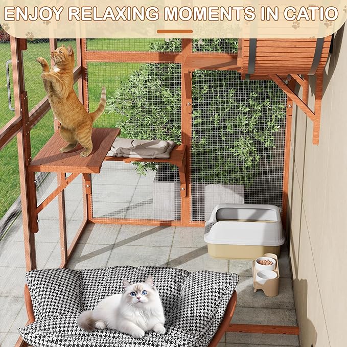 Large Walk-in Catio Wooden cat Houses for Multiple Outdoor Cats, Outdoor cat Enclosure with 4 Bridges & Transparent PVC Roof & sisal Scratcher, Kitty cat Condo Shelters (Orange)