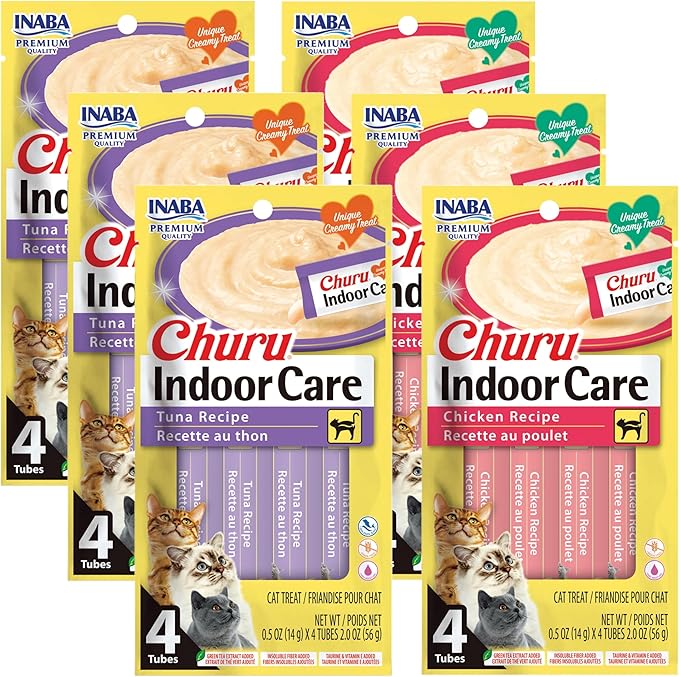 INABA Churu for Cats, Functional, Creamy Lickable Purée Cat Treat for Indoor Care and Hairball Control, 0.5 Ounces Each, 24 Tubes (4 per Pack), 2 Flavor Tuna and Chicken Variety Pack