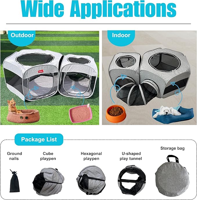 Portable Dog Playpen 2-Room with Tunnel, 3-in-1 Large Cat Crate Play Enclosure with Separate Areas, Foldable Pet Playpen for Puppy Kitten and Small Animals Indoor Outdoor