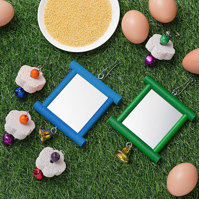 Sumind 2 Pieces Chicken Mirror Toys Hanging Swing Mirror with Bell Wooden Pecking Toy and 4 Pieces Beak Grinding Molar Stones for Hens Birds Parrots(Blue,Green)