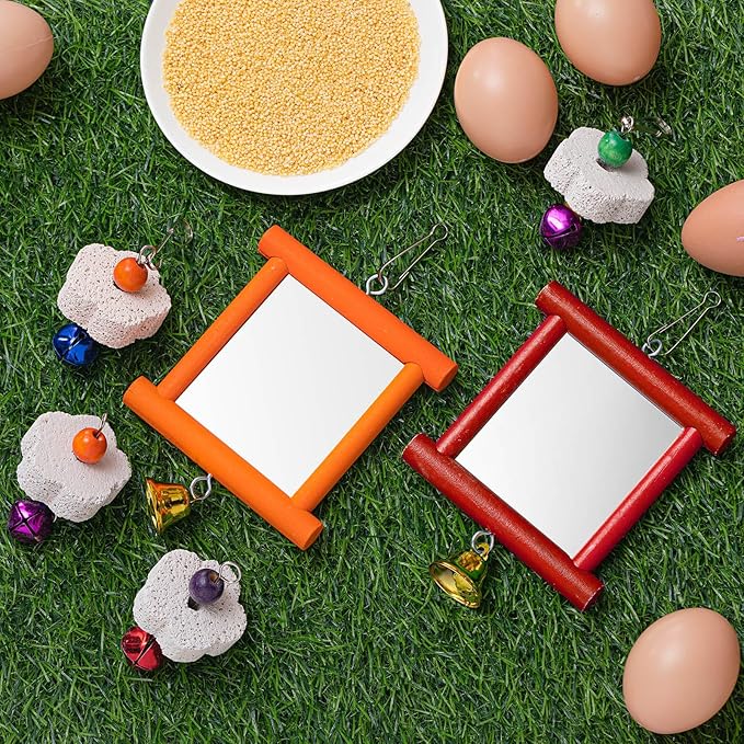 Sumind 2 Pieces Chicken Mirror Toys Hanging Swing Mirror with Bell Wooden Pecking Toy and 4 Pieces Beak Grinding Molar Stones for Hens Birds Parrots (Red,Orange)