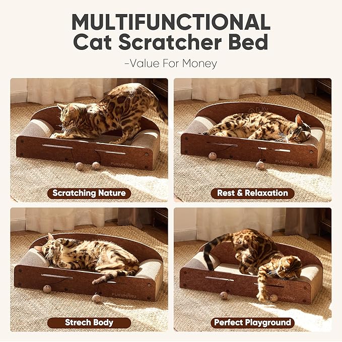 FUKUMARU 26 Inch Cat Scratcher Bed, 2 Reversible Cardboard Cat Scratch Pads Refill for Indoor Cats, Durable Large Cats Scratching Bed Sofa Couch Lounger with Fun Toys, Furniture Protector, Caramel