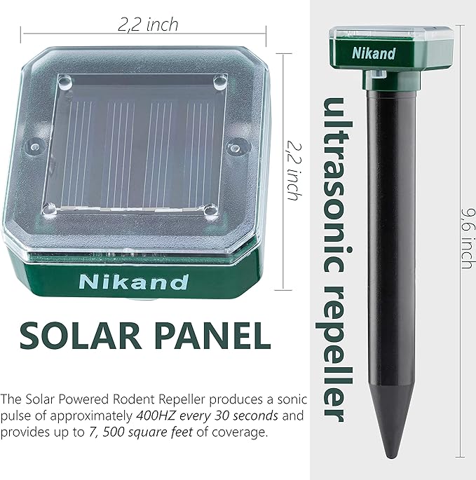 NIKAND Solar Mole Repellent Ultrasonic 4 Pack Outdoor Powered Sonic Deterrent - Mole Stopper Scare Vole for Lawn Garden Yard Home - Groundhog Repeller Snake Rodent Gopher Spikes Chaser Pest (4 Pack)