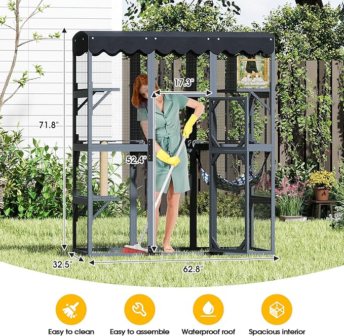 COZIWOW 72Inches Large Wood Catio Outdoor Cat Enclosure with Waterproof Roof, Multi-Level Cat House for 2-3 Cats, Spacious Perches, Hammock, and Scratching Post（Grey Fashion Pattern）