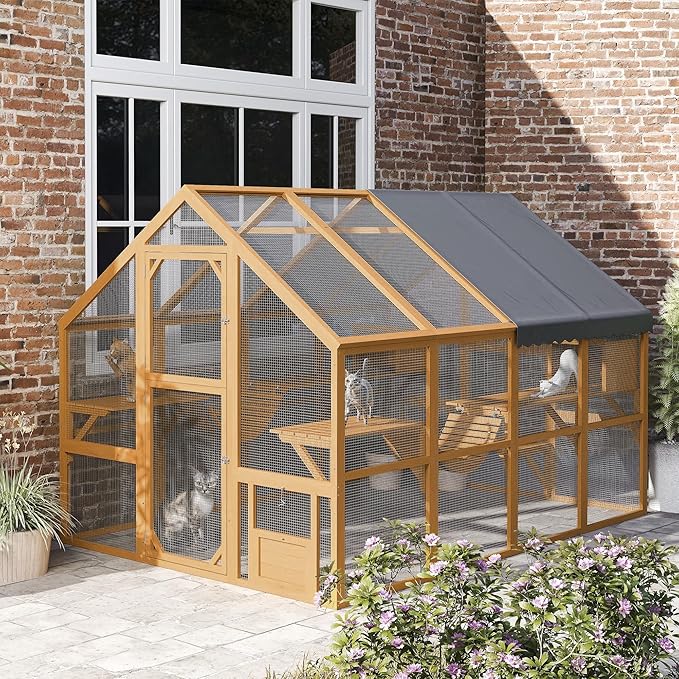 PawHut 110" L Large Catio Outdoor Cat Enclosure for Multiple Kittens, 56 sq.ft Wooden Cat House with Waterproof Cover, Walk in Kitty Cage Kennel with 2 Condos, 6 Platforms, Bridge, Doors, Yellow