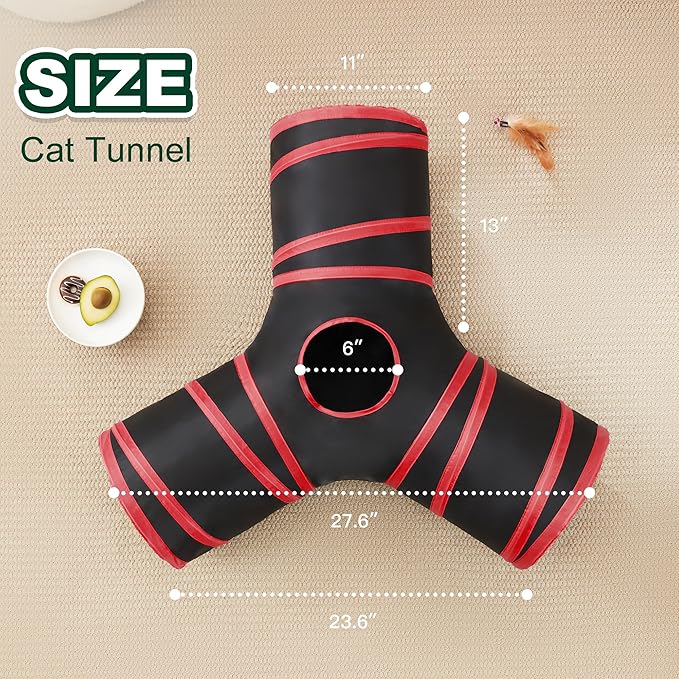 Love’s Cabin Cat Tunnel for Indoor Cats, 3-Way Collapsible Play Tunnel with Teaser Wand, Peek Holes & Toy Ball, Small Pet Toy for Kittens & Rabbits, Black & Red, Small Size