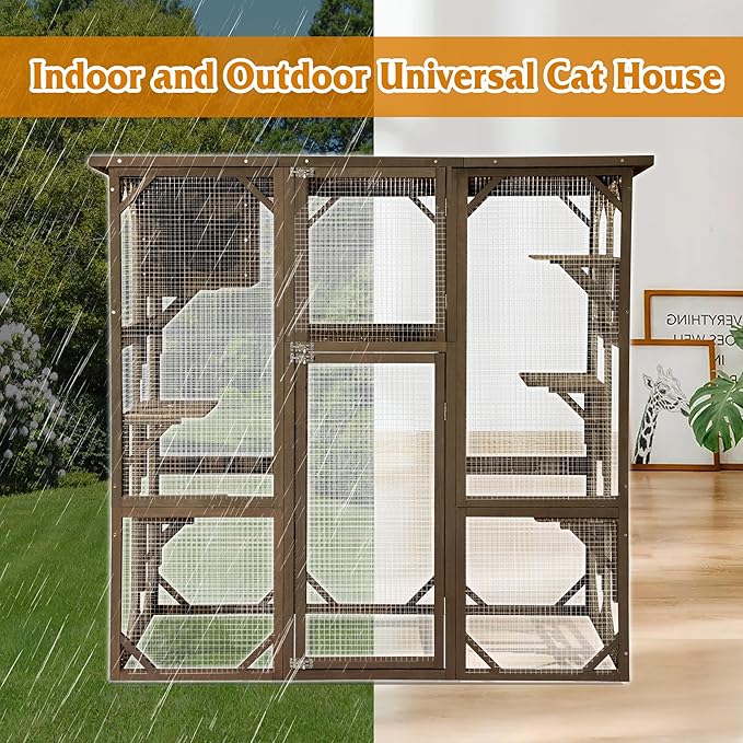 Grepatio Cat Enclosure Large Outdoor Catio Wooden Cat House with Weatherproof, Cat Cage Condo Indoor Playpen with Platform and Small House (Brown)