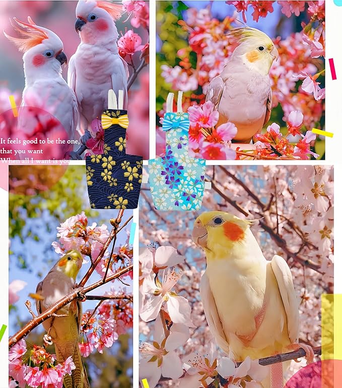 2 Pcs Bird Diapers Bird Harness Flight Suits Diapers with 80in Flying Leash Reusable Parrot Nappy with Waterproof Inner Layer for Cockatiel Budgie Conure Parakeet Lovebird-Dark&Light Blue