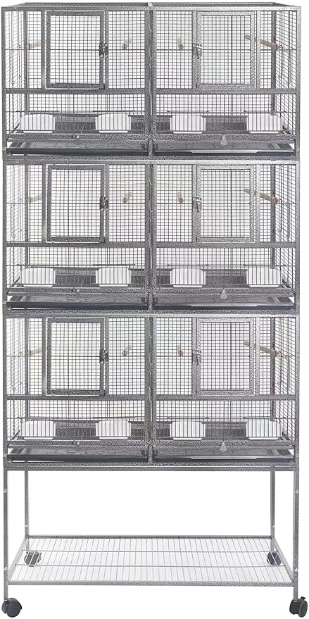 1F/2F/3F Stackable Center Divided Breeder Breeding Bird Flight Double Rolling Cage for Aviaries Canaries Cockatiels Lovebirds Finches Budgies Small Parrots. (Black Vein, 3F)