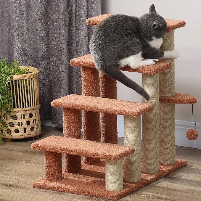PawHut 4 Levels Cat Steps, Pet Stairs Carpeted Ladder, Kitten Tree Climber with Scratching Posts, Hanging Play Ball, Side Step, for High Bed, Sofa, Brown