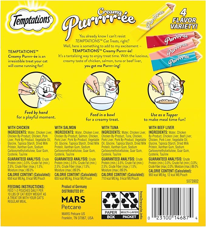 Temptations Creamy Puree Squeezable Lickable Cat Treats, Wet Cat Treats with Beef, Salmon, Chicken, and Tuna Variety Pack, 0.42 oz. Tubes, 48 Count