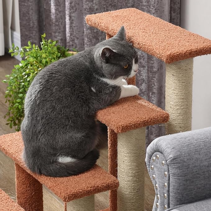 PawHut 4 Levels Cat Steps, Pet Stairs Carpeted Ladder, Kitten Tree Climber with Scratching Posts, Hanging Play Ball, Side Step, for High Bed, Sofa, Brown