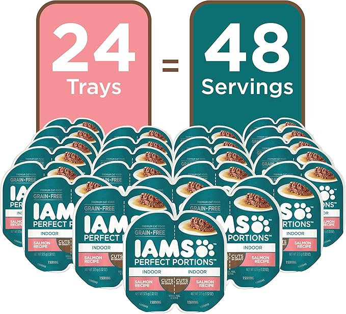 IAMS Perfect Portions Grain Free Wet Cat Food, Indoor Adult Cat Food Wet Cuts in Gravy, Salmon Recipe, (24) 2.6 oz. Twin-Pack Trays