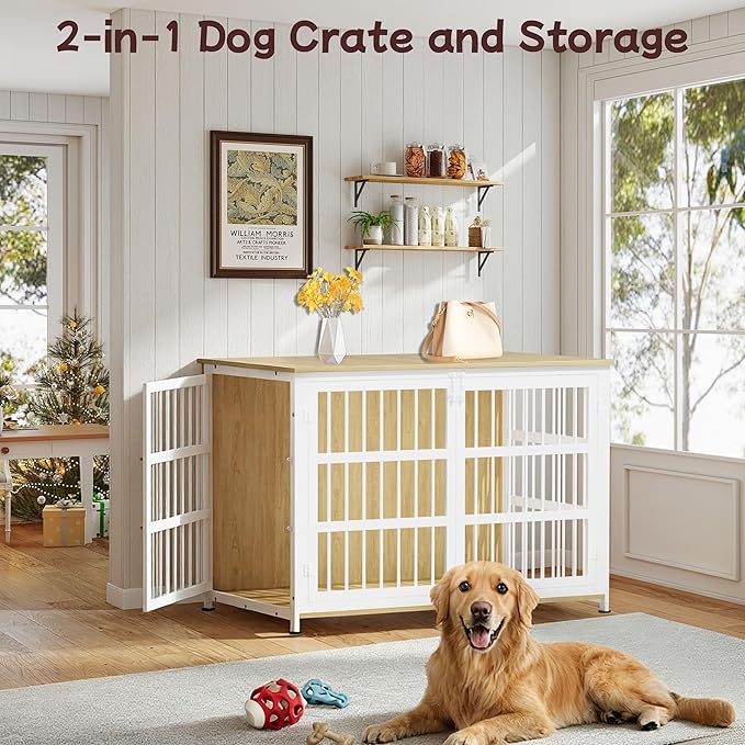 46'' Dog Crate Furniture Large Breed Dog Crate Dog Kennels for Inside Wooden Dog Crates End Table Heavy Duty Indoor Combination Cage for Medium to Large Dogs Oak