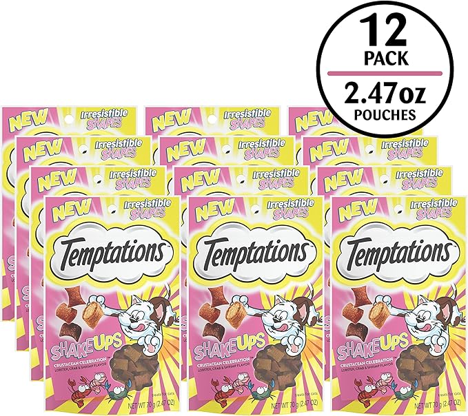 Temptations Cat Treat ShakeUps, Crunchy and Soft Cat Treats, Crustacean Celebration, 2.47 oz. Pouches (Pack of 12)