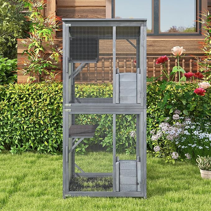 Tangkula Catio Outdoor Cat Enclosure, 72 Inch Wooden Cat House on Wheels with Resting Box, 2 Platforms & Weatherproof Asphalt Roof, Large Kitty Cat Condo Cage Playpen with Enter Doors & PP Layer