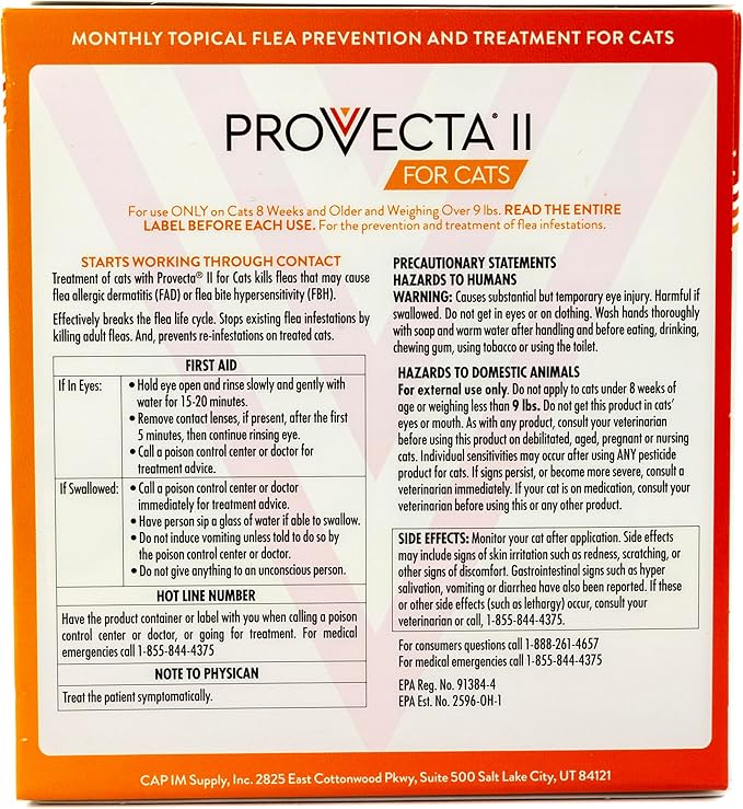 Provecta® II for Large Cats (Over 9 lbs) Flea and Tick Topical Treatment, 4-Month Supply