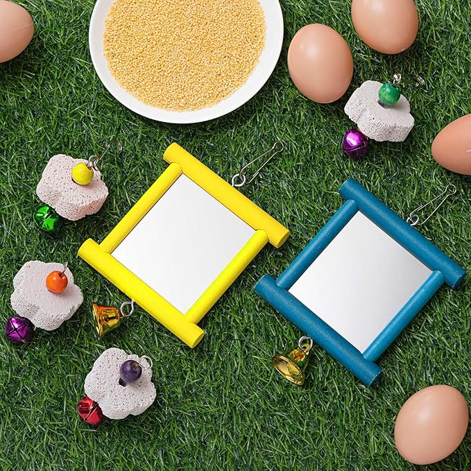 Sumind 2 Pieces Chicken Mirror Toys Hanging Swing Mirror with Bell Wooden Pecking Toy and 4 Pieces Beak Grinding Molar Stones for Hens Birds Parrots(Blue, Yellow)