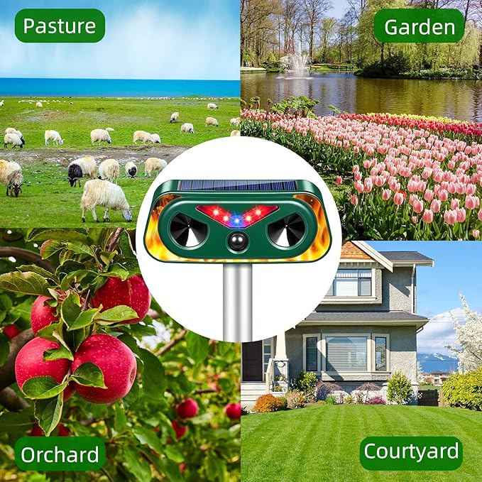 2026 Solar Ultrasonic Animal Repeller Outdoor with Flashing Lights & Motion Sensor Animal Deterrent Devices for Deer, Cat, Squirrel, Raccoon, Rabbit, Fox, Skunk Repellent for Yard Garden,4 Pack