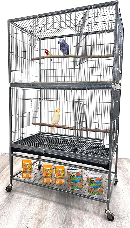Extra Large Wrought Iron Breeding Flights Canary Parakeet Cockatiel African Grey Lovebird Finches Parrot Home Cage Double Large Front Doors 4 Side Doors Bottom Storage Shelf On Lockable Wheels