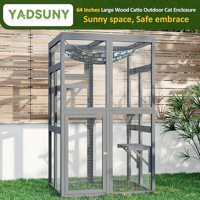 64 Inch Catio Outdoor Cat Enclosure, Large Cat House for Outdoor Cats with Updated Framework Structure, Outside Cat Patio Cattery Weatherproof for Multiple Cats, Grey