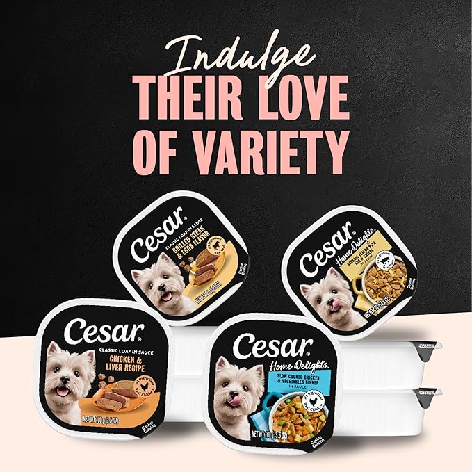 Cesar Wet Dog Food Home Delights & Classic Loaf in Sauce, Breakfast & Dinner Variety Pack, 3.5 oz. Trays, 24 Count (Pack of 1)