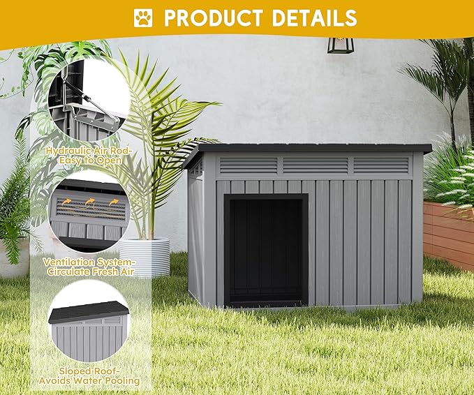 Fancyango Dog House for Indoor & Outdoor Use - Weatherproof Roof & Removable Floor, Fits Small to Medium Dogs (32.1" L x 25.1" W x 24" H) - Grey