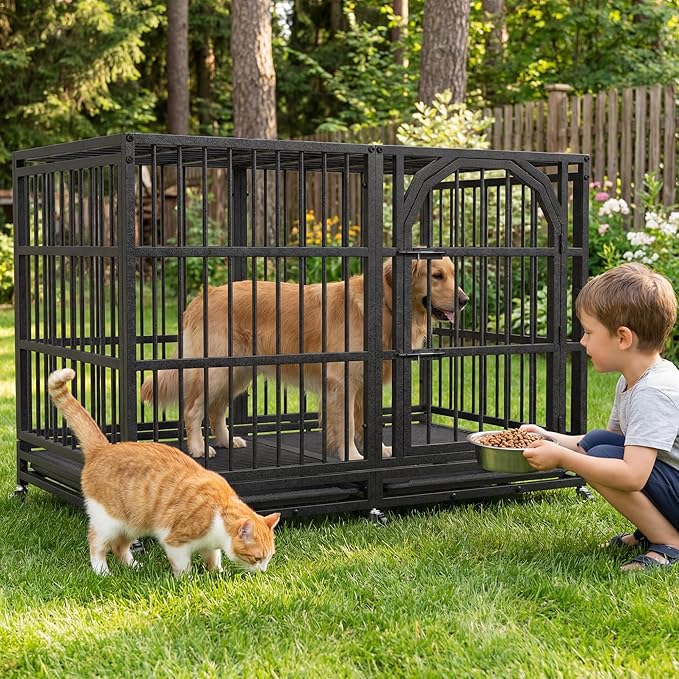 Asee'm 48 inch Heavy Duty Dog Crate for Large Dogs with Wheels, Indestructible Escape-Proof Dog Kennel Cage Indoor for High Anxiety Dogs with Locks and Removable Trays (Black)