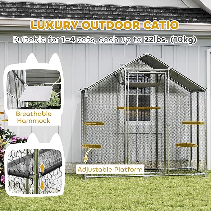 PawHut Large Catio Outdoor Cat Enclosure, Galvanized Steel Walk-in Cat Patio for Multiple Kittens, Outdoor Kitty Cage with Waterproof Cover, 5 Adjustable Platforms, Hammock, Chicken Coop Pointed Roof