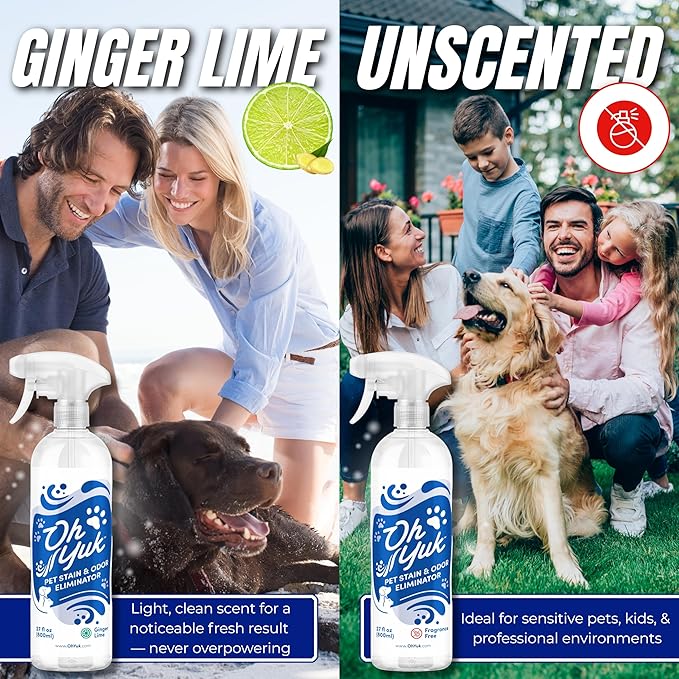 Oh Yuk Probiotics Pet Odor Eliminator and Stain Remover Spray – Dog & Cat Urine and Poop Odor Eliminator for Home, Pet Pee Smell Remover & Deodorizer – 27 fl oz (Fresh Ginger Lime)