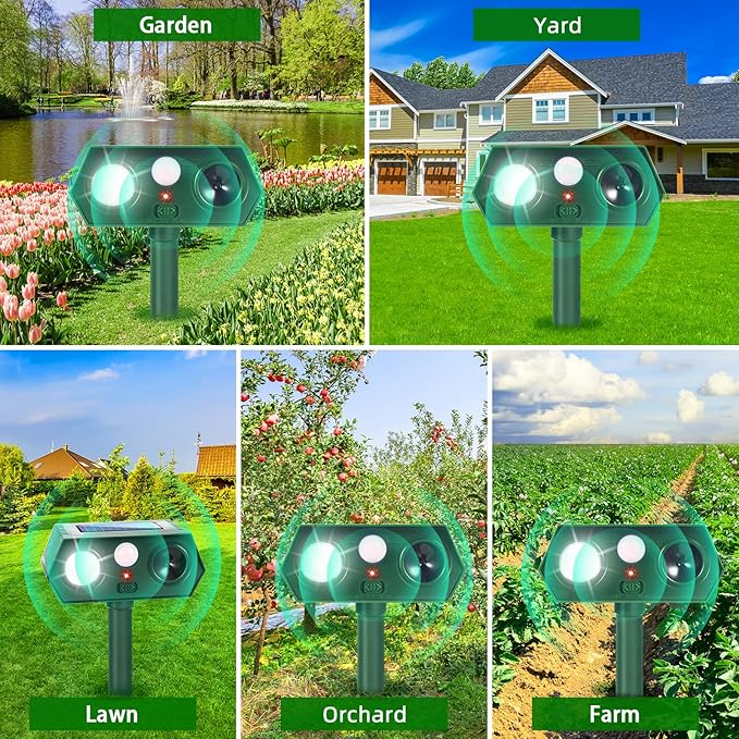 2026 Upgraded Solar Ultrasonic Animal Repellent Cat Deterrent Outdoor Motion Activated with Flash Light Repeller Keep Squirrel Deer Dog Raccoon Skunk Rabbit Away from Yard Garden Lawn 4 Pack