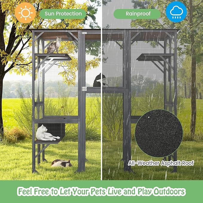 Tangkula Catio Outdoor Cat Enclosure Large, 71 Inch Outdoor Cat House Weatherproof with Asphalt Roof, Wooden Cat Cage Playpen with 7 Jumping Platforms & 2 Resting Boxes, Walk-in Cat Kennel Condo